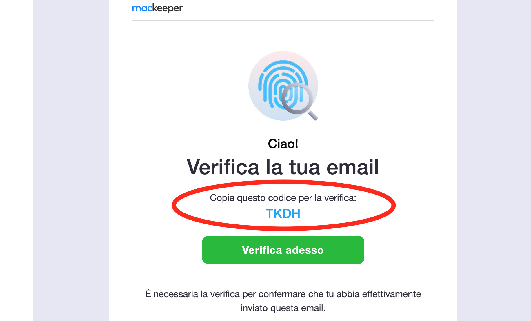 Safari su Mac mostra un account e-mail con il codice di verifica MacKeeper ID Theft Guard. Copiate il codice per incollarlo in MacKeeper.