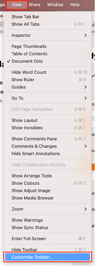 To customize your Pages toolbar on your Mac, open a Pages document, select View in the menu bar, then select Customize Toolbar.