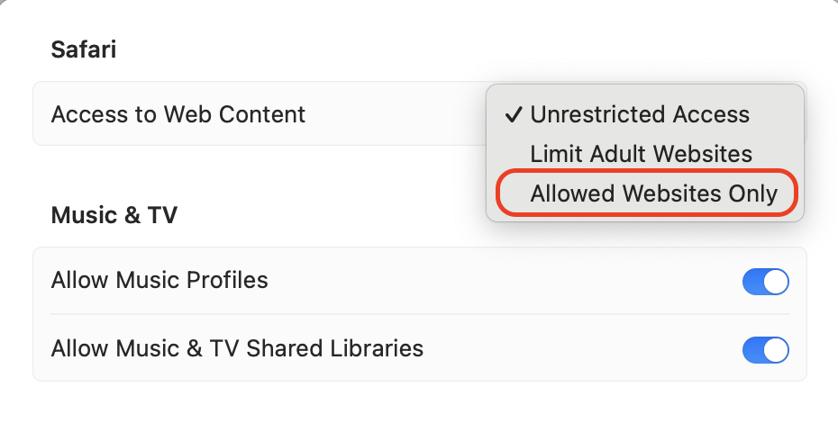 Click App Store, Media, Web, & Games in Content & Privacy, then set Access to Web Content to Allowed Websites Only to limit Safari to your list.