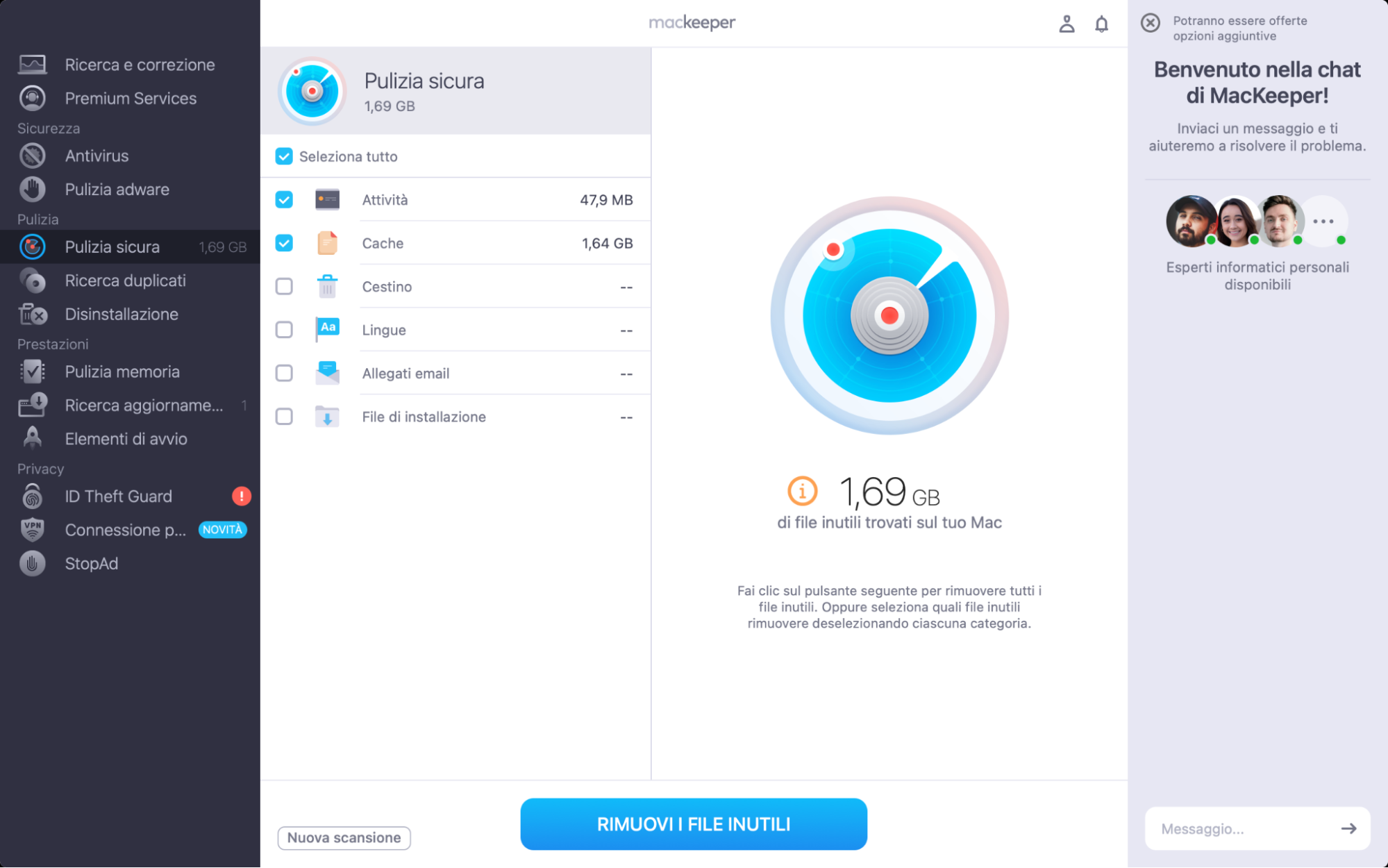 Quando i risultati della scansione sono pronti, seleziona i tipi di dati che vuoi rimuovere e clicca sul pulsante Pulisci file inutili.
