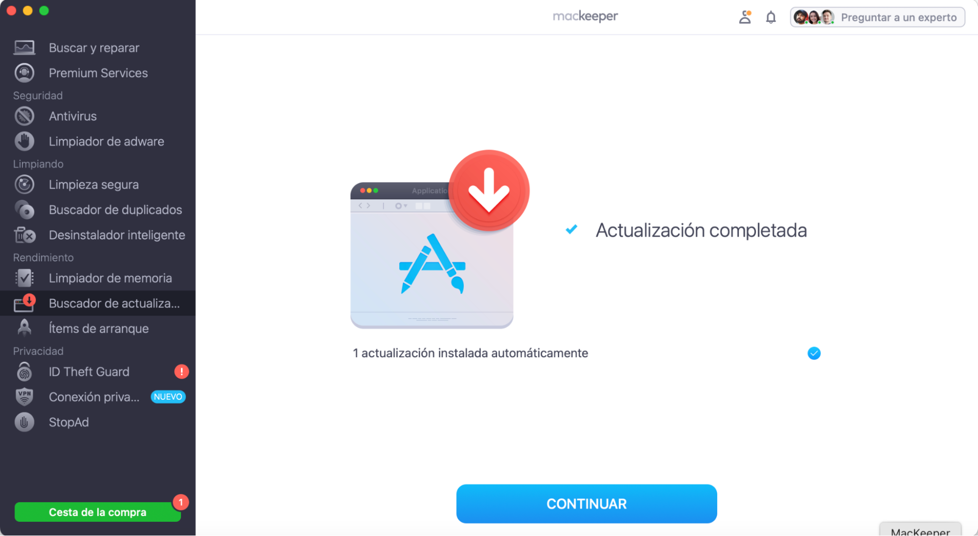 El proceso de actualización ha finalizado. Es posible que desees hacer clic en Continuar para comprobar si hay más actualizaciones disponibles.