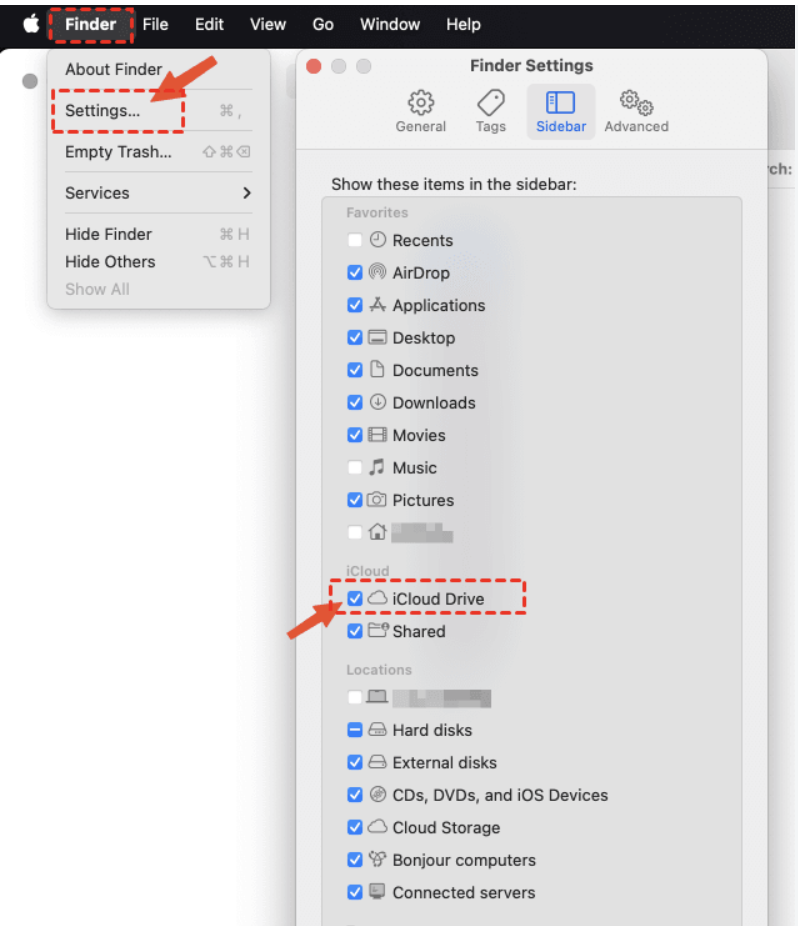 To ensure your OneDrive app has been enabled in Finder, you’ll first need to open Finder. Then head to Settings. Then click on the sidebar tab to check if OneDrive is under Finder locations. If it is, the Cloud app will have been added to the Finder sidebar.