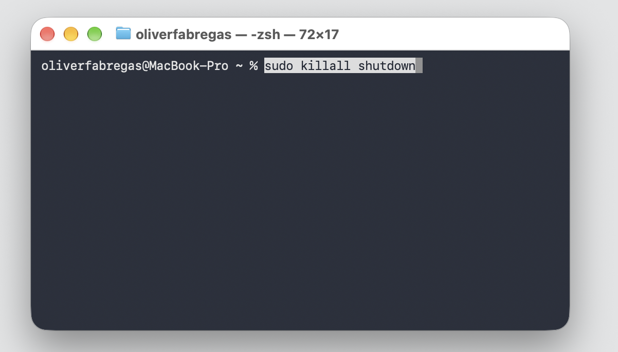 Terminal on an Apple laptop with sudo killall shutdown typed to stop and cancel a running shutdown countdown timer before it fires on macOS.