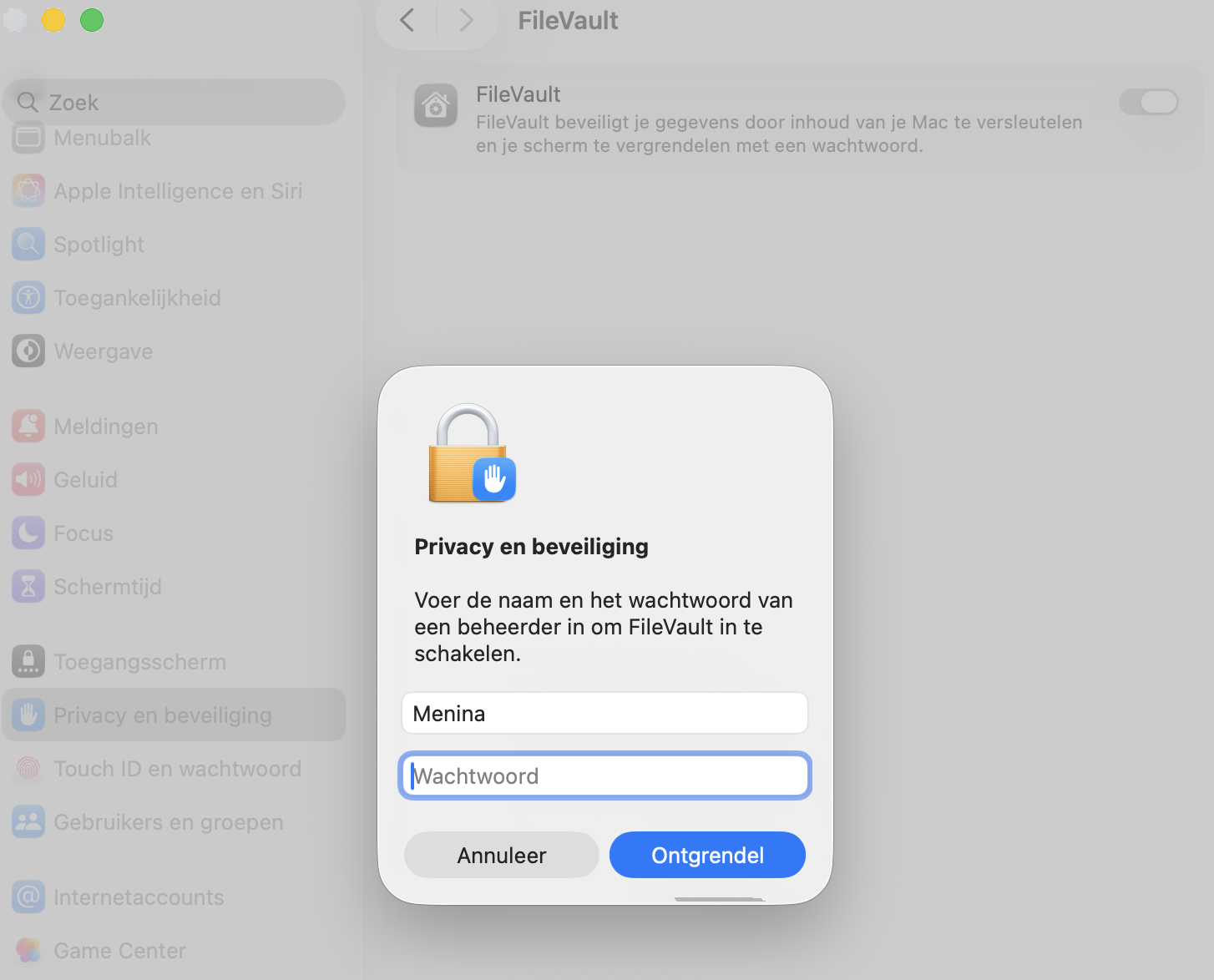 Voer je beheerderswachtwoord in en klik op ‘Schakel FileVault uit’.