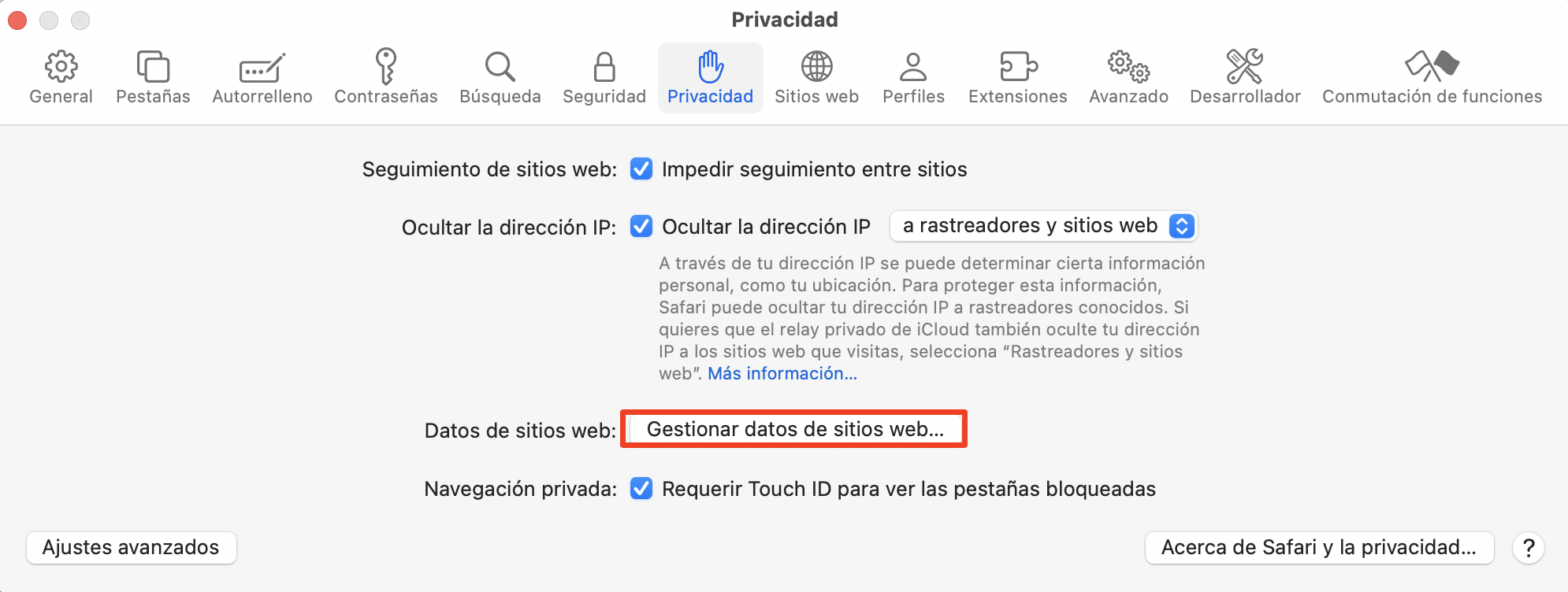 Para eliminar las cookies y la caché en Safari, ve a la pestaña Privacidad. Haz clic en Gestionar datos de sitios web. Aparecerá una ventana con una lista de todos los sitios web para los que Safari almacena cookies, caché y otros tipos de datos. Para eliminar las cookies y la caché en Safari, ve a la pestaña Privacidad. Haz clic en Gestionar datos de sitios web. Aparecerá una ventana con una lista de todos los sitios web para los que Safari almacena cookies, caché y otros tipos de datos.