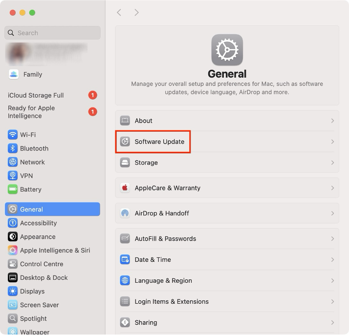To look for available updates and update macOS on your Mac to fix the content loading issue, click Software Update from the right.