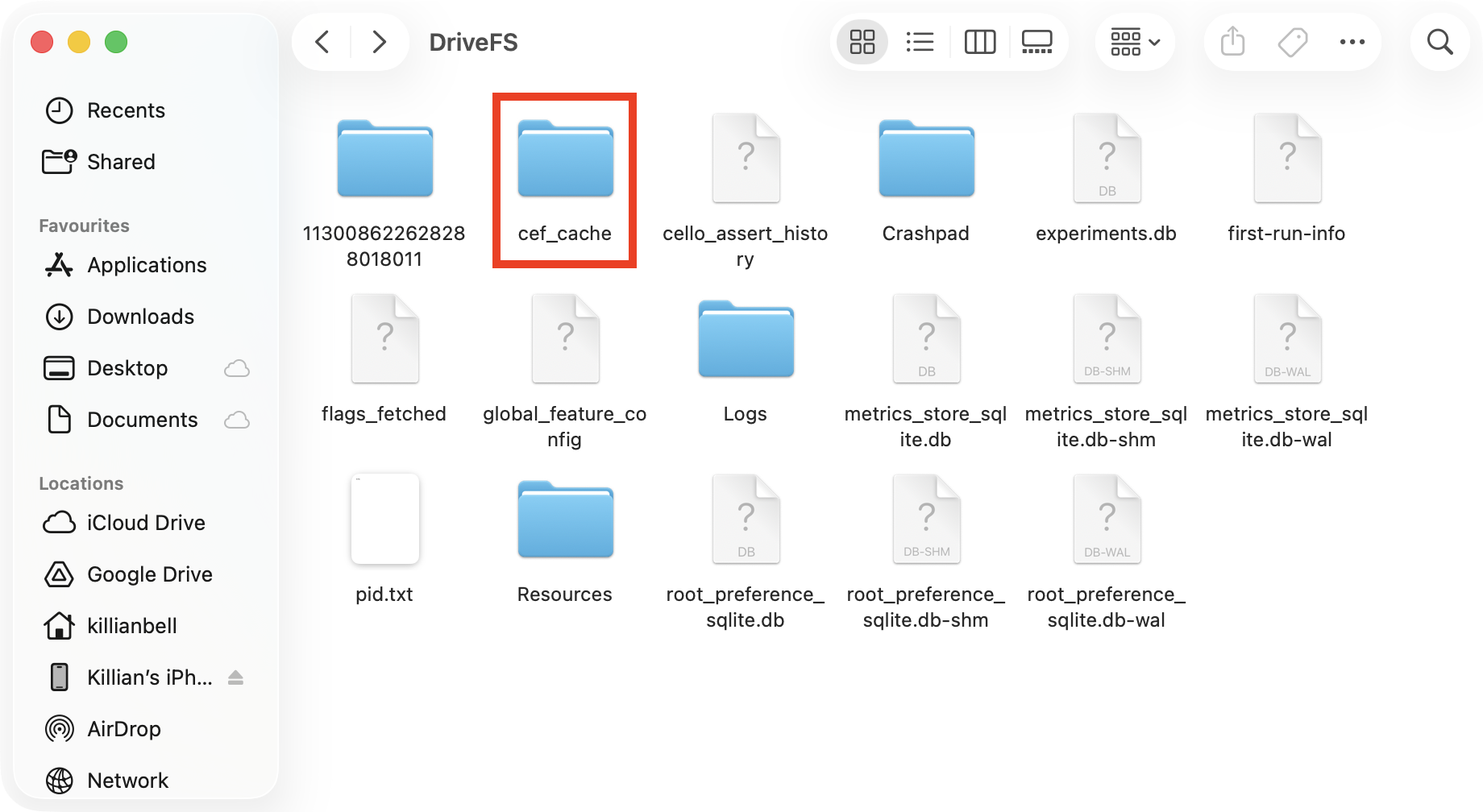 A Google Drive cache folder inside Finder on Mac. If you need to clear the Google Drive cache on Mac, go to the DriveFS folder in Finder, then delete the files inside the cache folders.