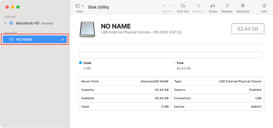 To fix the -69877 error on your Mac, select the disk you want to unmount and mount again from the left sidebar in Disk Utility.