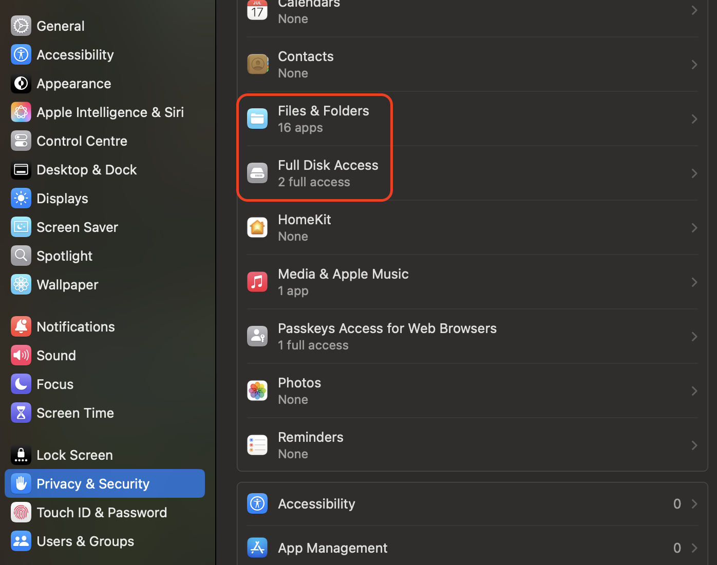 Check Files and Folders and review Full Disk Access to ensure only essential apps are listed and unnecessary permissions are removed.