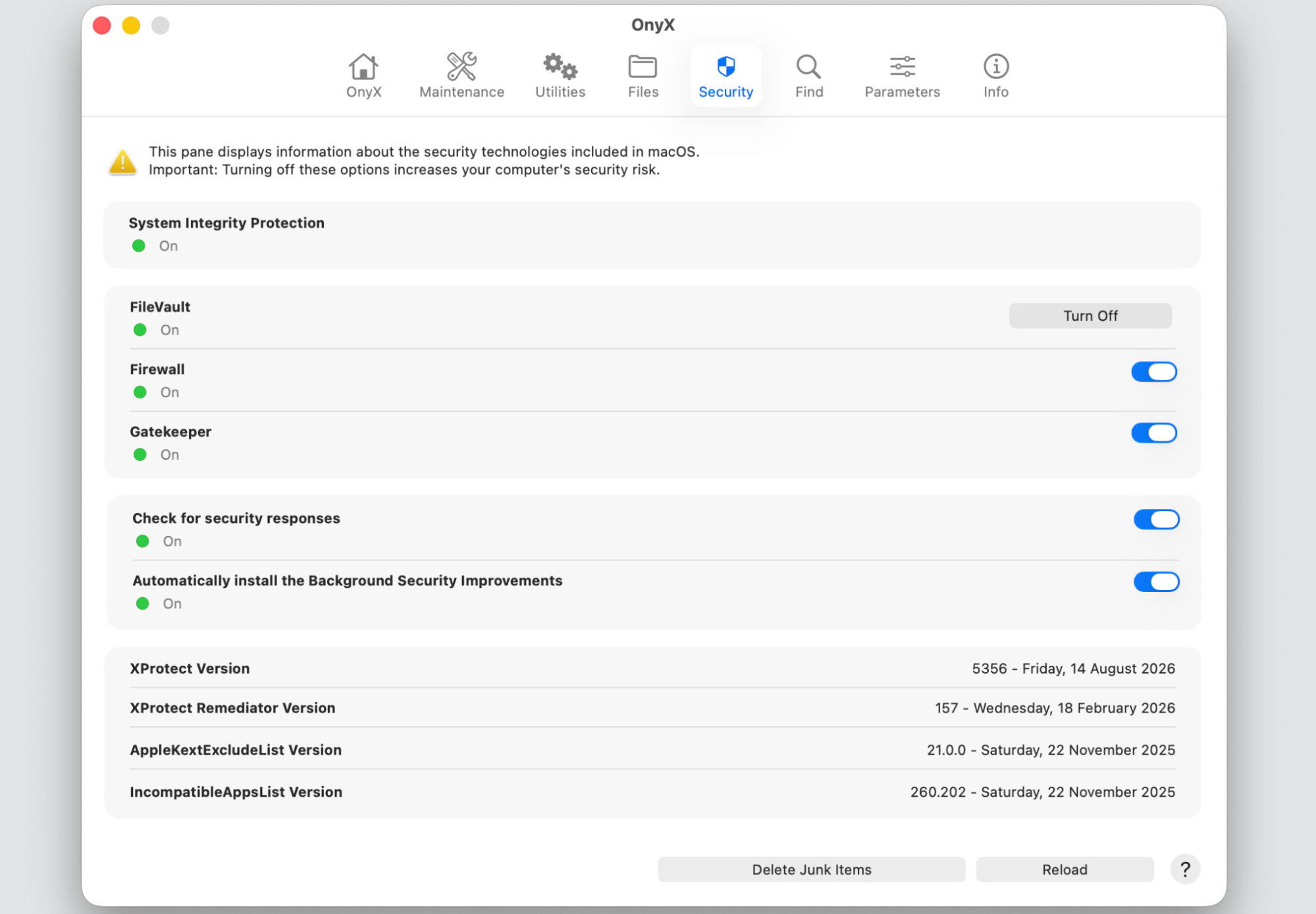OnyX Security tab on an Apple computer showing System Integrity Protection, FileVault, Firewall and Gatekeeper toggles for advanced macOS maintenance.
