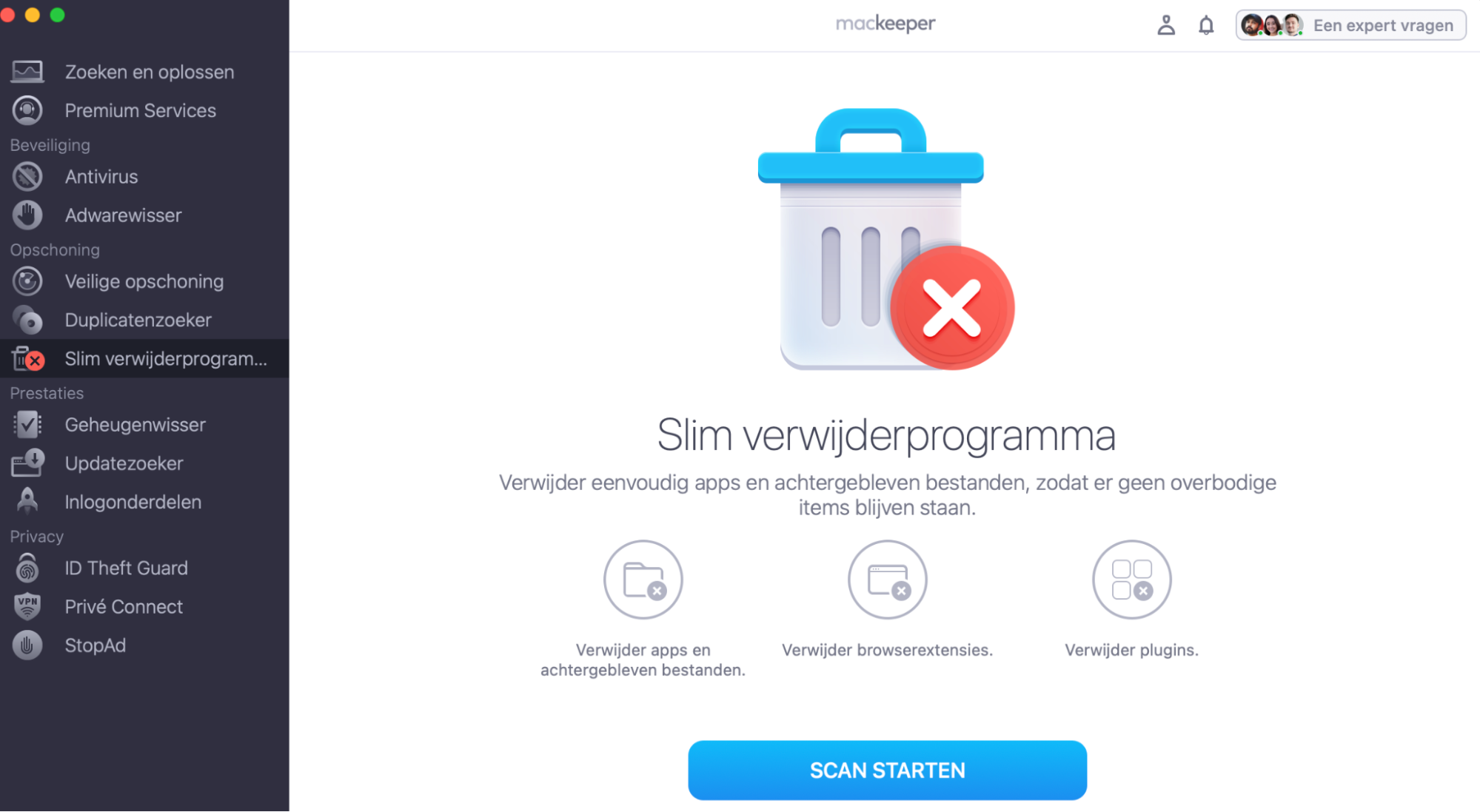 Om een app volledig van je Mac te verwijderen, open je MacKeeper en kies je het Slim verwijderprogramma. Klik vervolgens op Start scan.