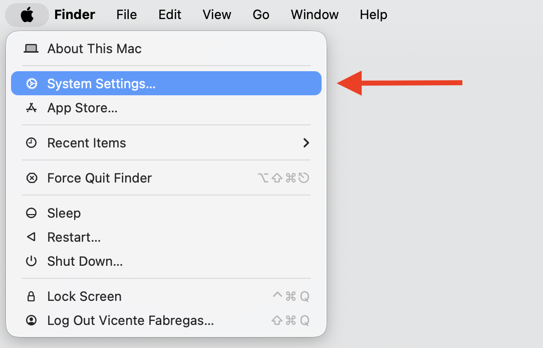 The Apple menu open on macOS with System Settings highlighted, the first step to manage File Sharing permissions on your Apple laptop.