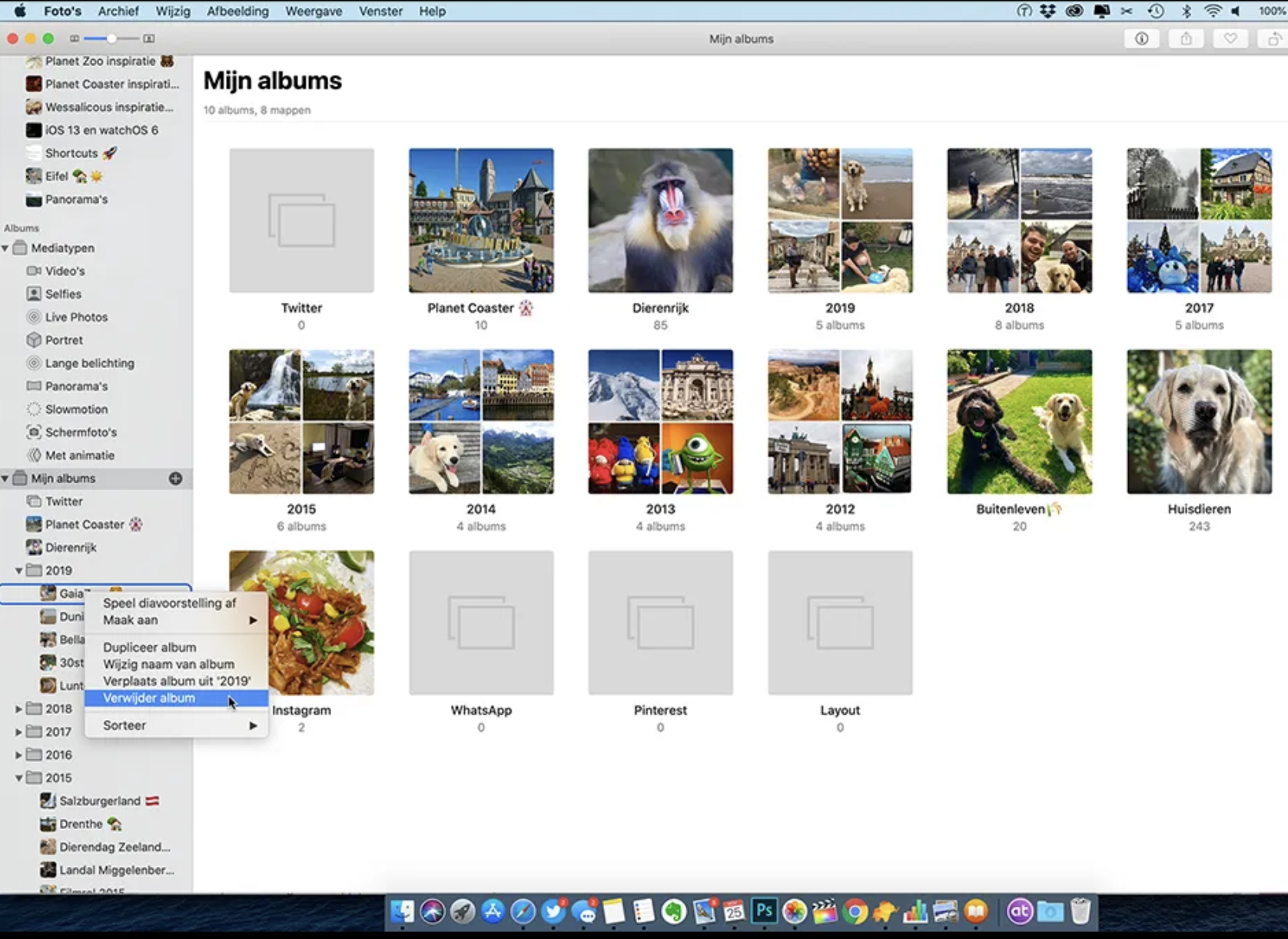 Om een volledig album te verwijderen in de Foto’s-app op macOS, open je Foto’s. Kies het album dat je wilt verwijderen, klik er met de rechtermuisknop op en selecteer Verwijder album.