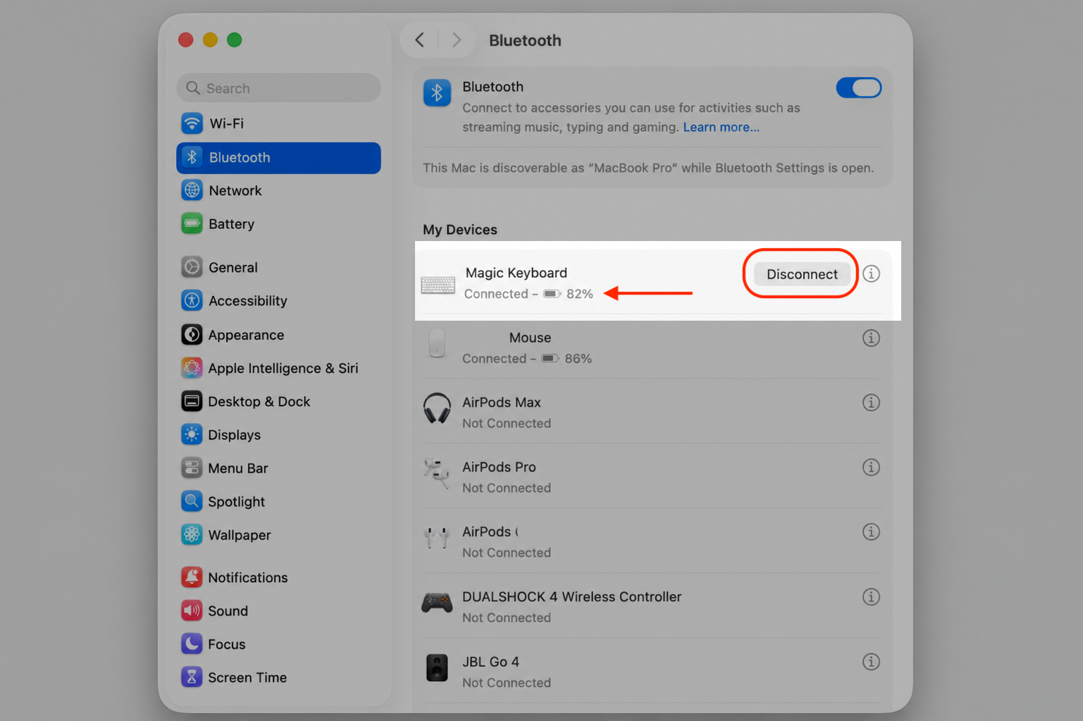 The Bluetooth pane in macOS System Settings on a MacBook, where you select your external keyboard and click Disconnect to reset the hotkeys.