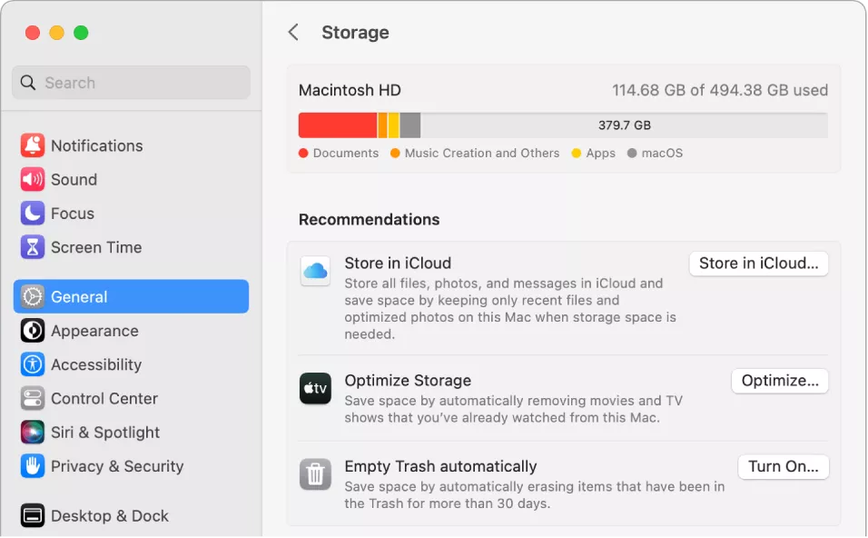 Check your storage in General settings on a MacBook. This helps you ensure that storage issues aren’t the problem when the Notes app is not working.