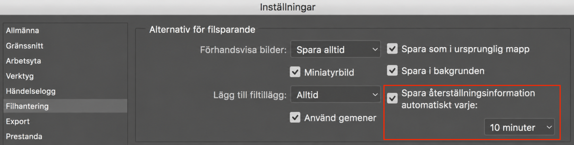 Photoshop för Mac som visar menyn Filhantering. Avmarkera Spara återställningsinformation automatiskt för att inaktivera automatisk återställning.
