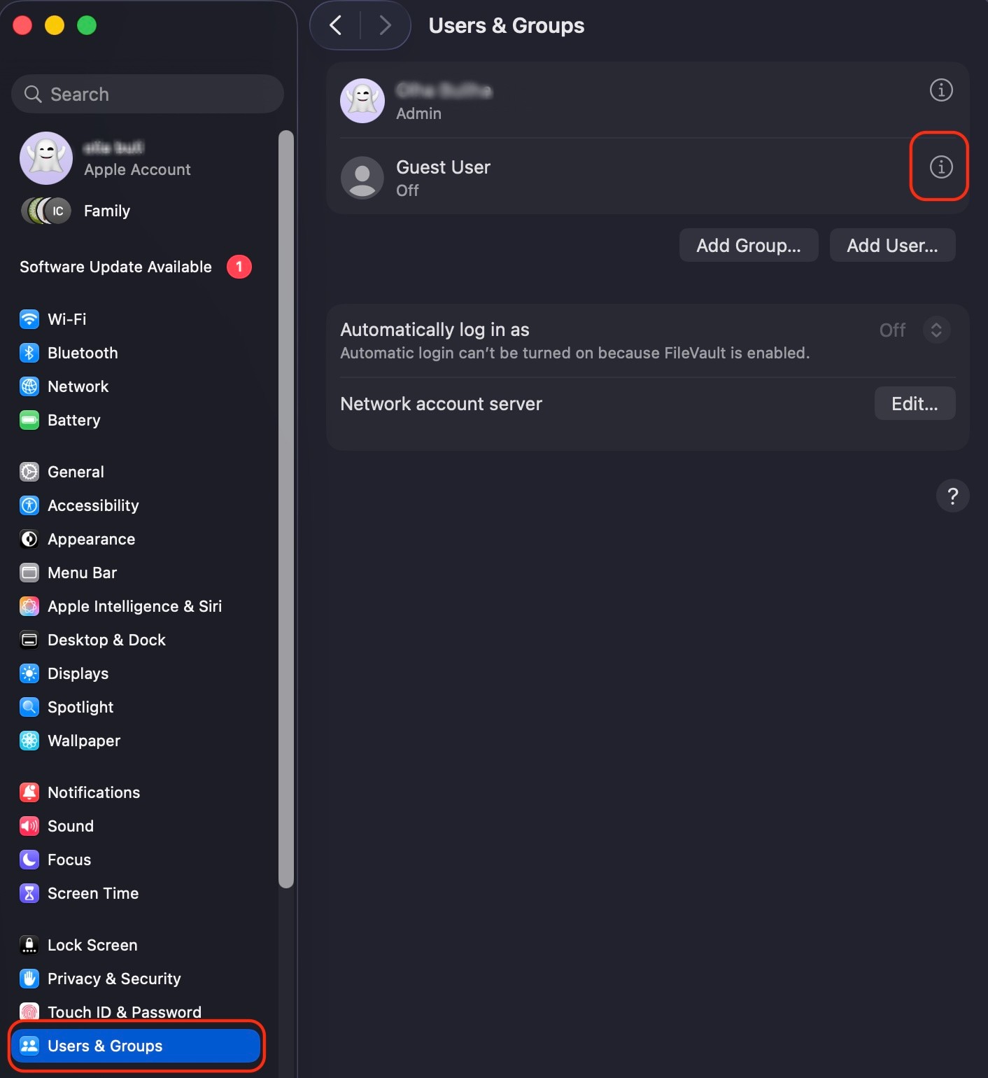 Users & Groups settings appear on a Mac. Find the locked account, click on the information icon next to it, and select the Reset Password option.