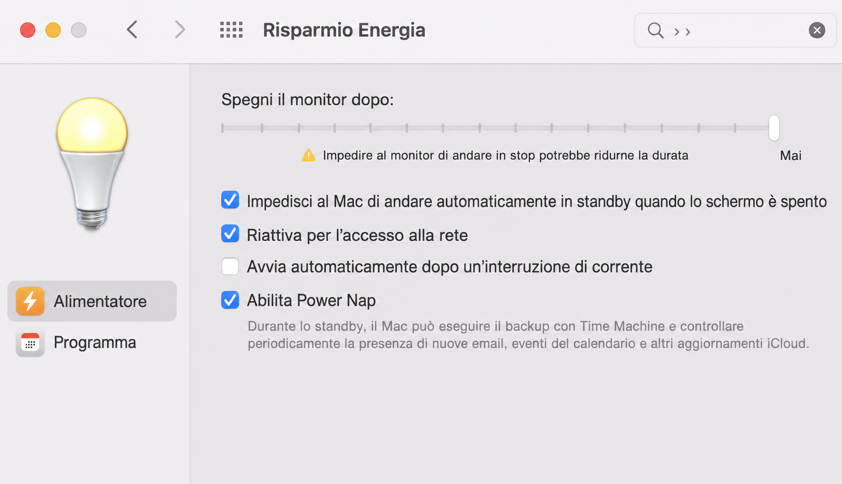 Successivamente, per impedire che il Mac vada in sospensione, seleziona la casella accanto a Impedisci al Mac di andare automaticamente in stop quando lo schermo è spento.