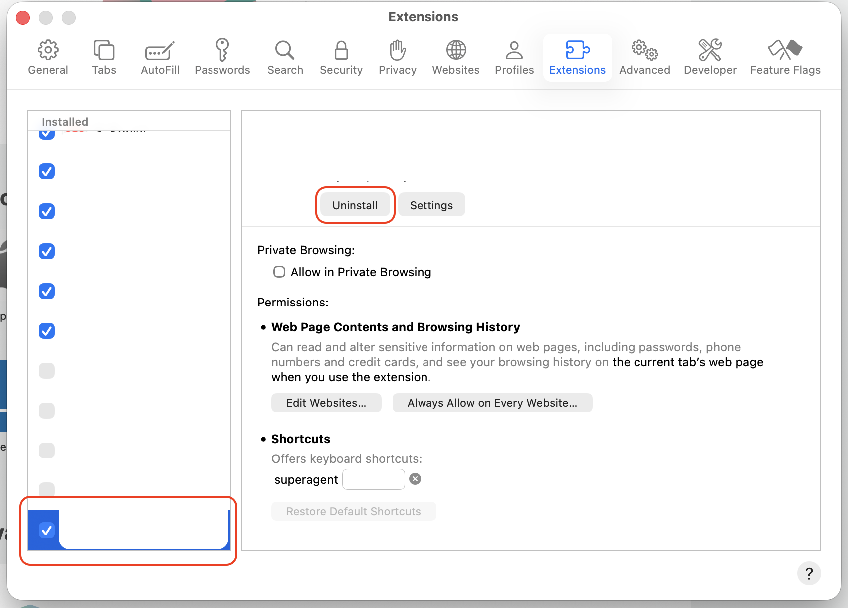 Safari Extensions tab on an Apple device showing a suspicious extension selected with the Uninstall button used to remove Chromium add-ons.