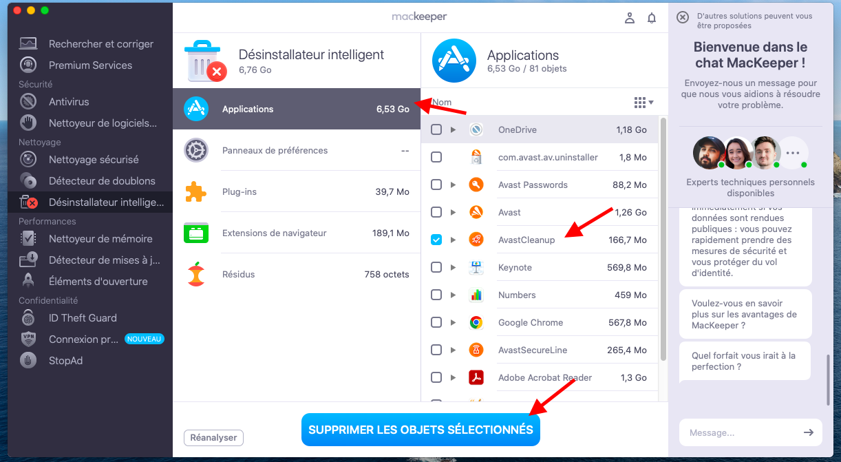 L'outil Désinstallateur intelligent se trouve dans MacKeeper sur macOS Monterey. Rendez-vous dans Extensions de navigateur, puis sélectionnez les extensions que vous souhaitez retirer, cliquez ensuite sur Supprimer les objets sélectionnés.