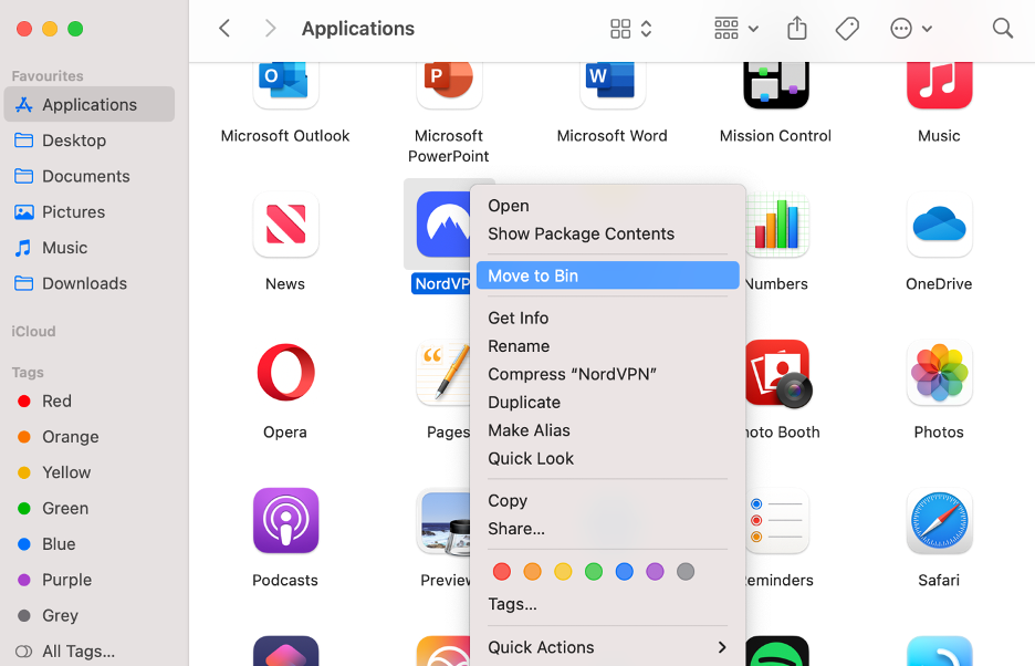 To uninstall a VPN from your Mac device, right-click the icon of the app you want to delete, then select Move to Bin/Trash.