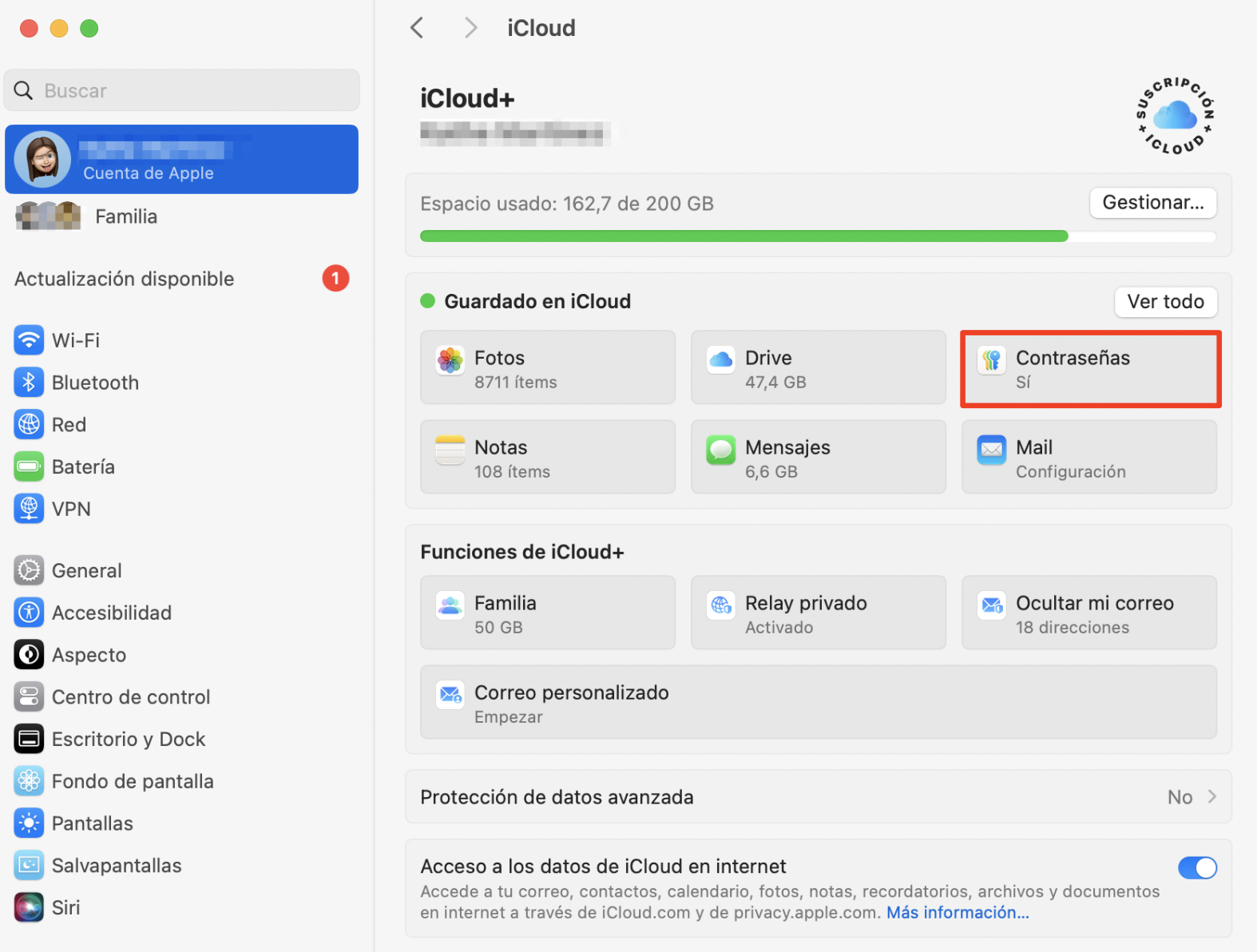 Ajustes del sistema en un Mac, abre iCloud. Contraseñas está seleccionado. Cómo arreglar servicio de cuentas desea utilizar el llavero de inicio de sesión.