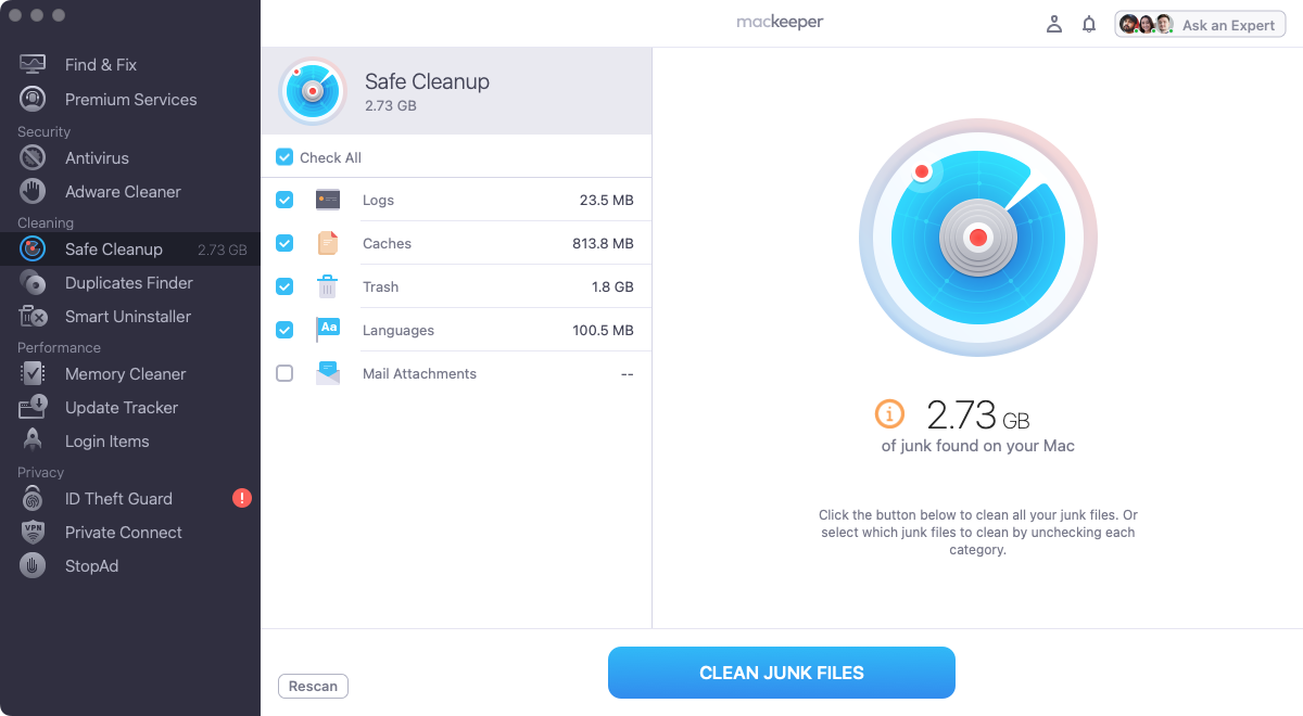 When the scan is done, Safe Cleanup will show you a list of things you can safely remove from your Mac. Make your selection, then click Clean Junk Files.