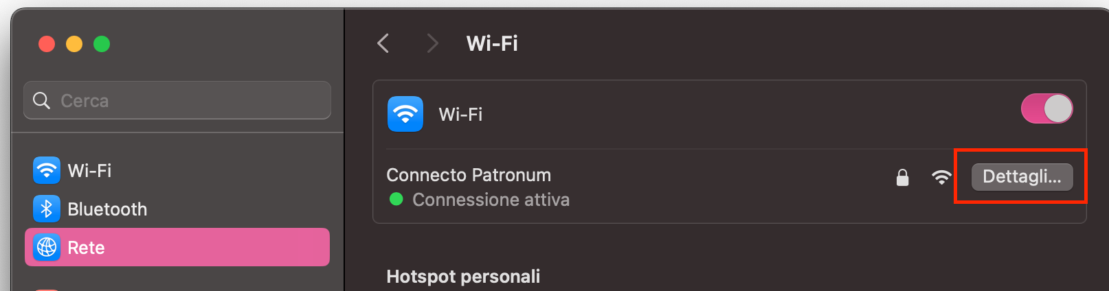 Ora vedrai i dettagli della connessione internet del tuo Mac, incluse le impostazioni DNS attuali. Clicca sul pulsante Dettagli per modificarle.