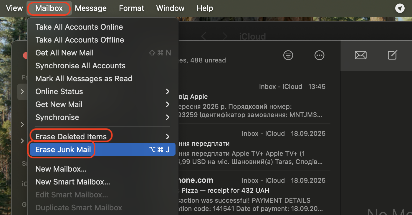 In Mail, open the Mailbox menu, choose Erase Junk Mail, then return to Mailbox and click Erase Deleted Items to clear space.