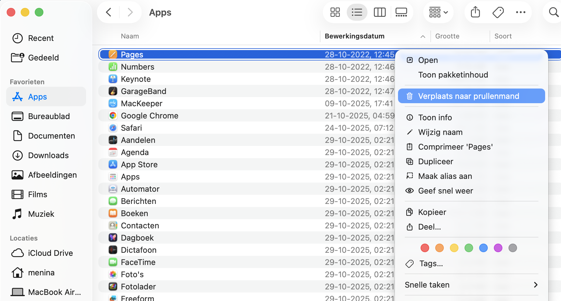 Bovenaan de kolom Datum toegevoegd in de map Apps zie je de meest recent gedownloade apps. Kies de app die je niet nodig hebt, klik er met de rechtermuisknop op en selecteer Verplaats naar prullenmand.