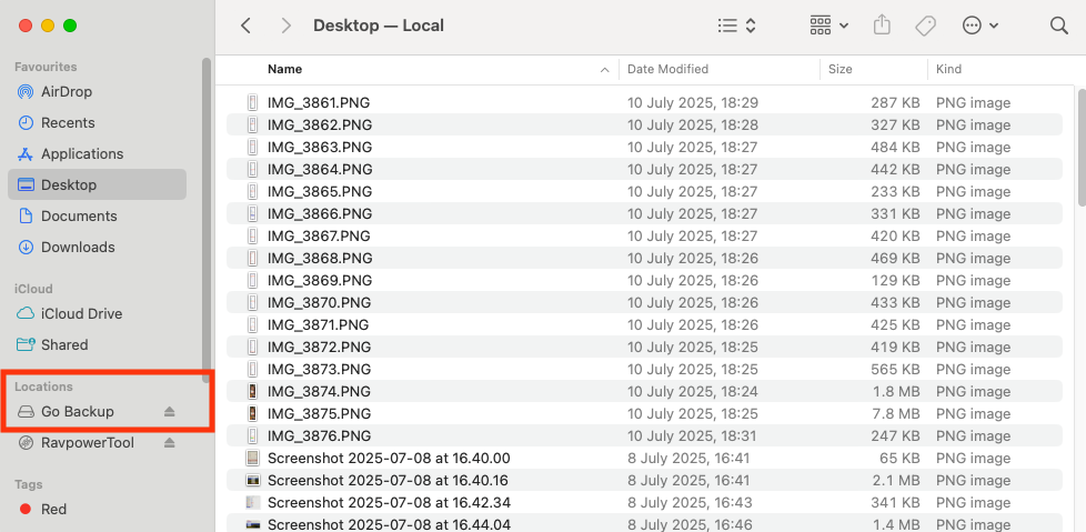 A list of USB devices under Locations in the Finder sidebar on Mac. To see your USB devices on Mac and access files, select them here.