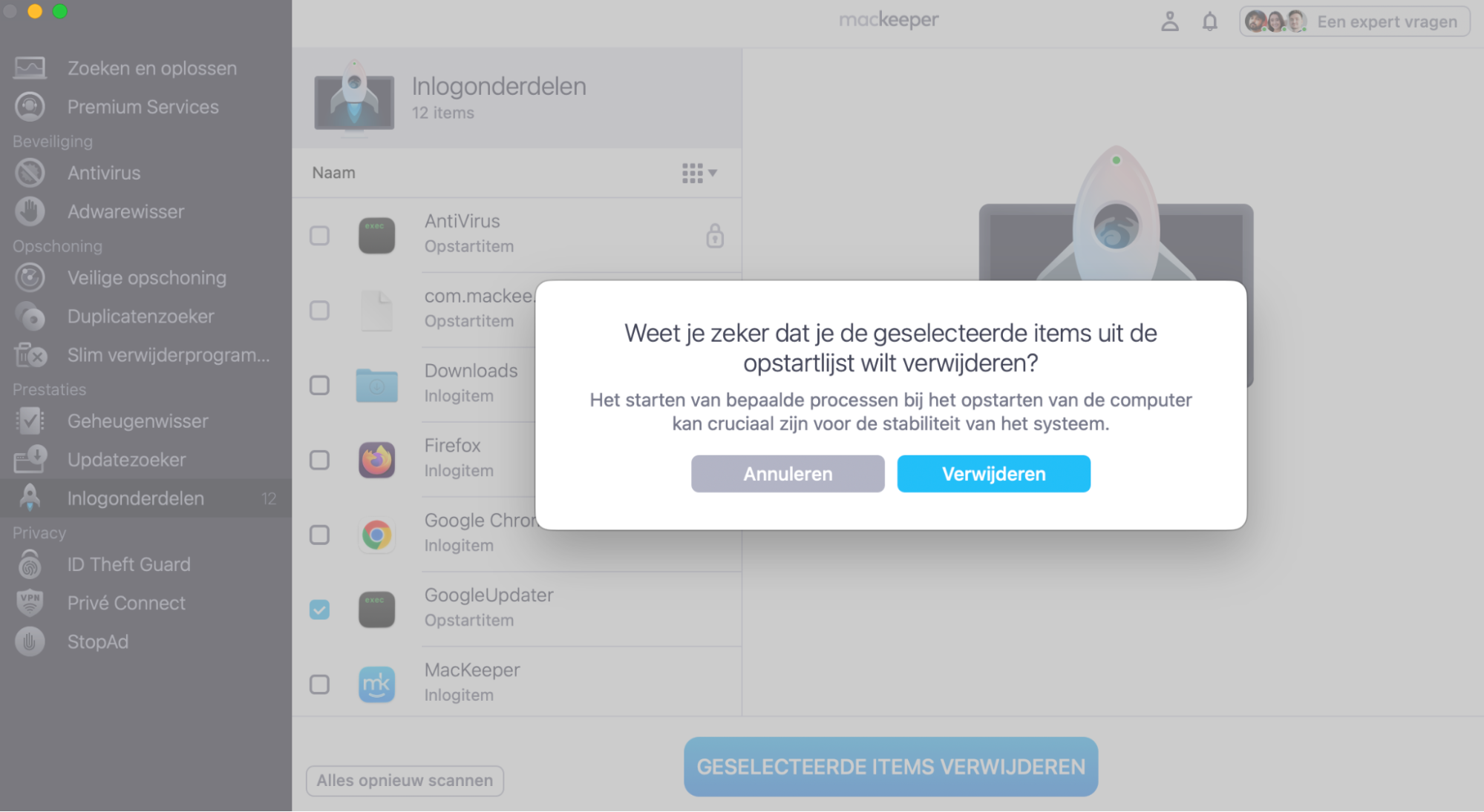 Voordat MacKeeper inlogonderdelen verwijdert, moet je je actie bevestigen door op de knop ‘Verwijderen’ te klikken. Zo voorkom je dat je per ongeluk de verkeerde inlogonderdelen van je Mac verwijdert en verwijder je alleen de items die je niet nodig hebt of verdacht vindt.
