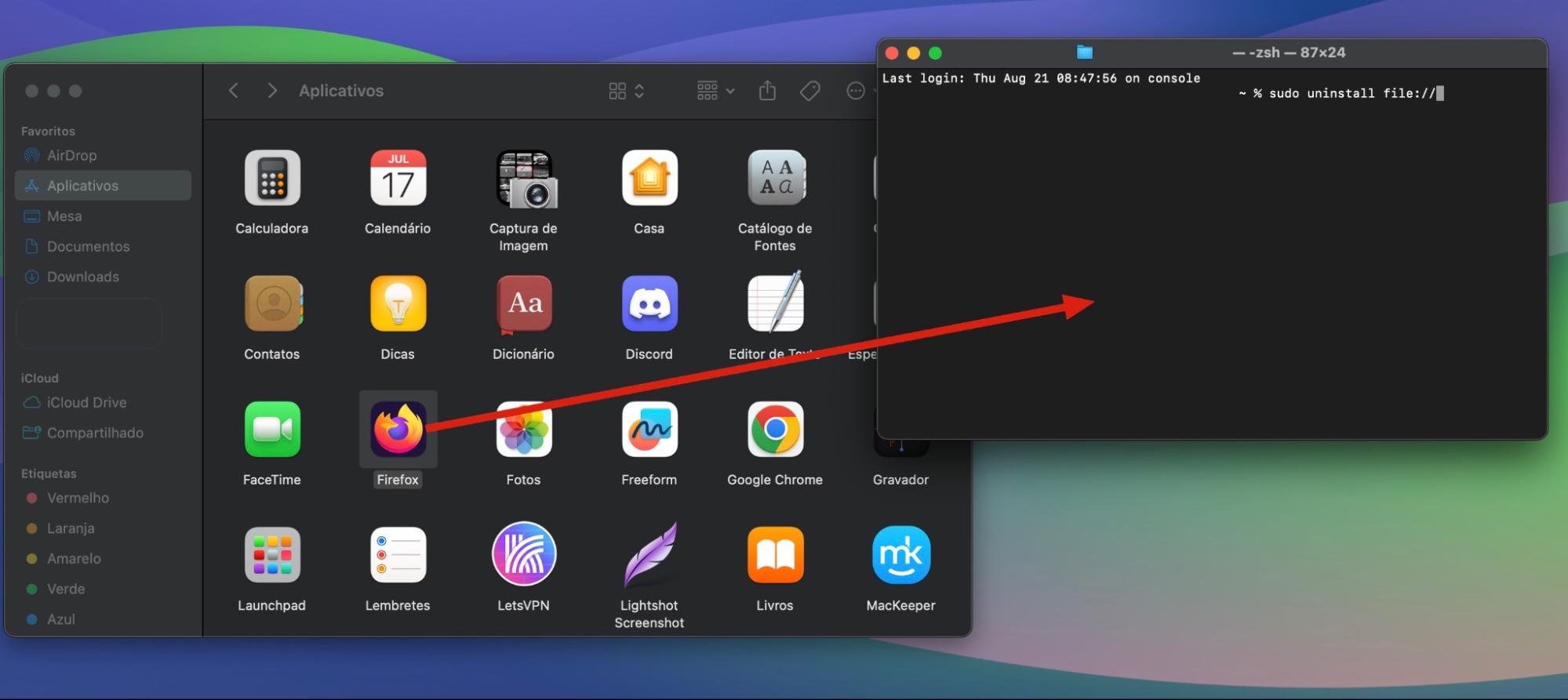 A área de trabalho do Mac mostrando um arquivo sendo movido da pasta Aplicativos para o Terminal. Você pode usar esse truque para desinstalar um aplicativo no Mac após digitar o comando sudo uninstall file://