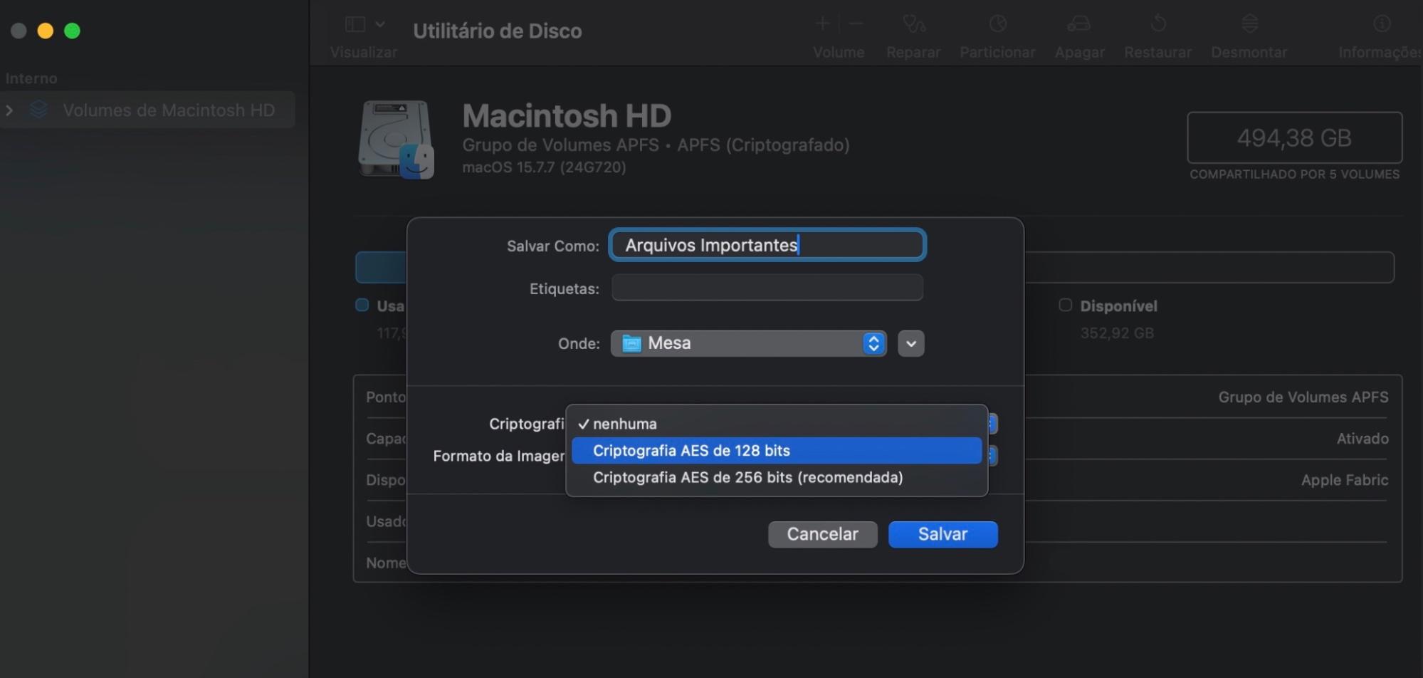 Como próximo passo do processo de proteção com senha, nomeie e localize sua pasta, escolha o tipo de criptografia e clique em Salvar.  