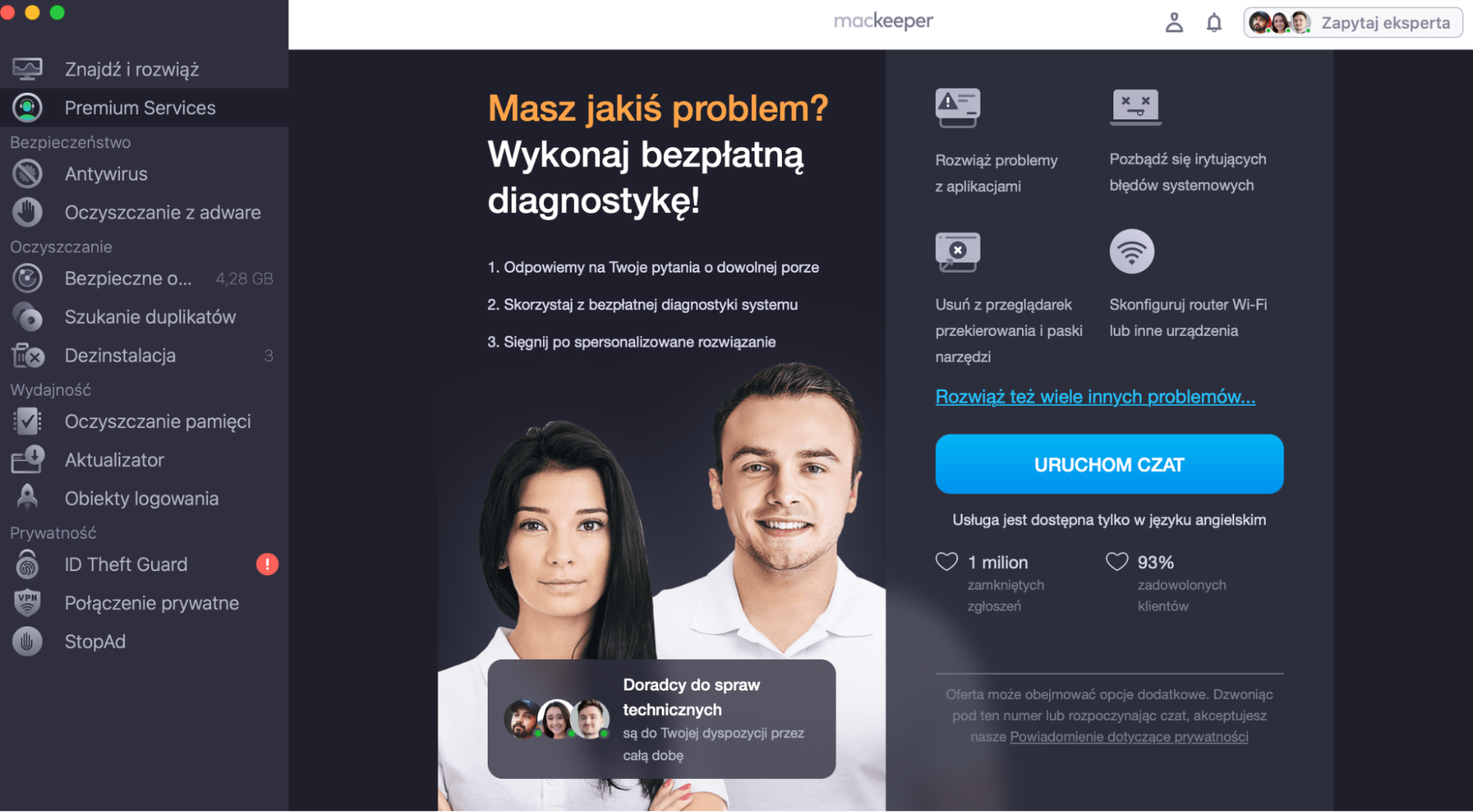 Aby dowiedzieć się, jak zaktualizować Maca, zapytaj naszych ekspertów. Uruchom MacKeeper i wybierz Premium Services. Naciśnij przycisk Uruchom czat.