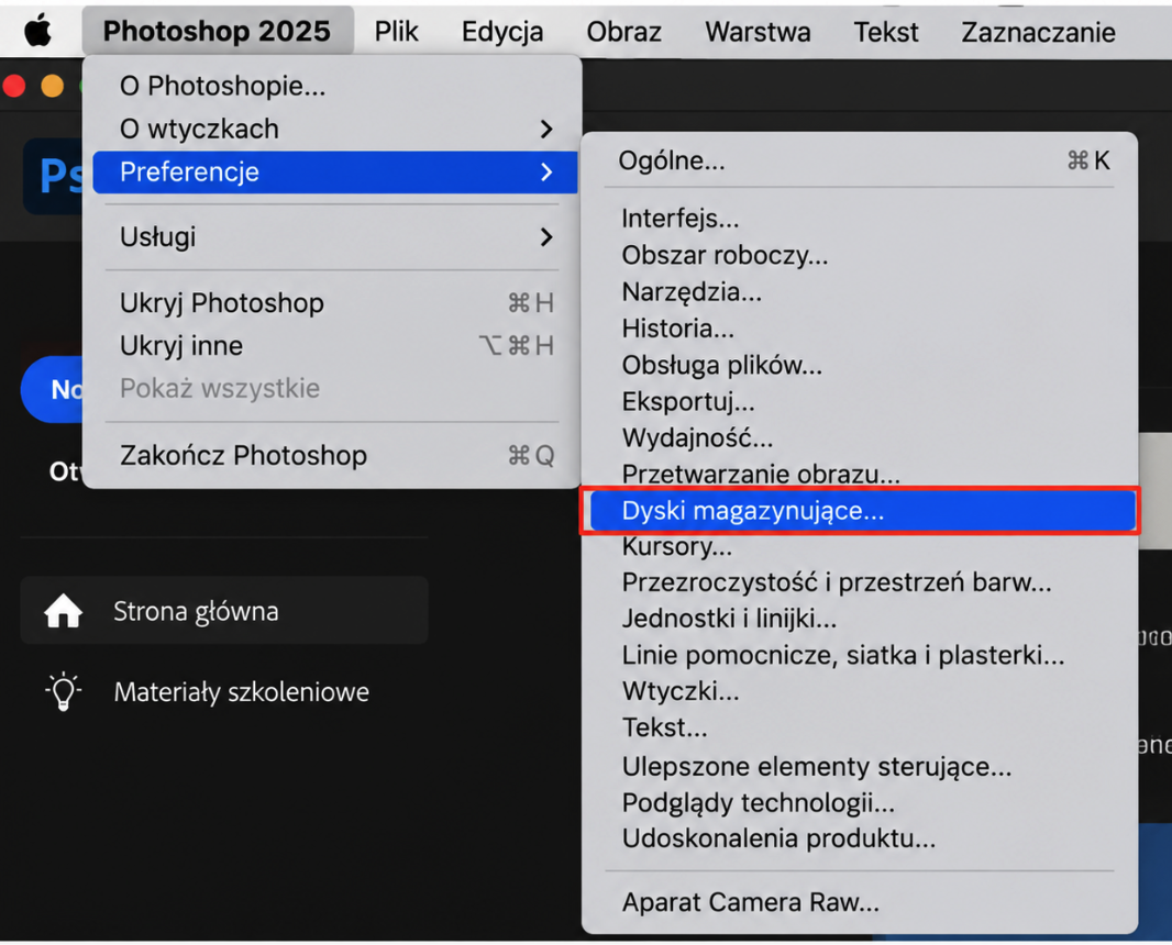 Photoshop na Macu z widocznym menu Preferencje. Aby przenieść dysk magazynujący Photoshopa na zewnętrzny dysk twardy, wybierz najpierw Dyski magazynujące.