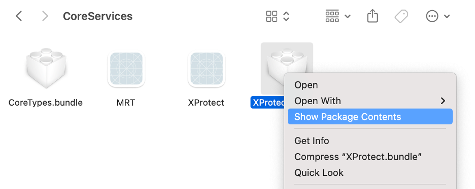 To know what malicious content XProtect checks for on your Mac, right-click on XProtect.bundle and select Show Package Contents from the list.