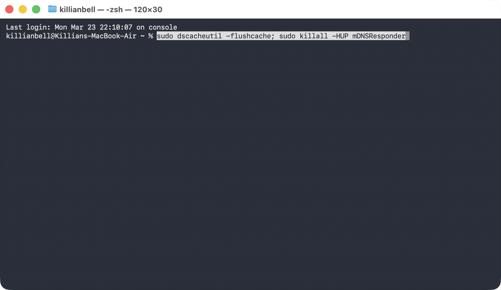 Terminal on Mac showing a command to clear the Mac's DNS cache. Try clearing the DNS cache to fix NSURLErrorDomain error -1012.