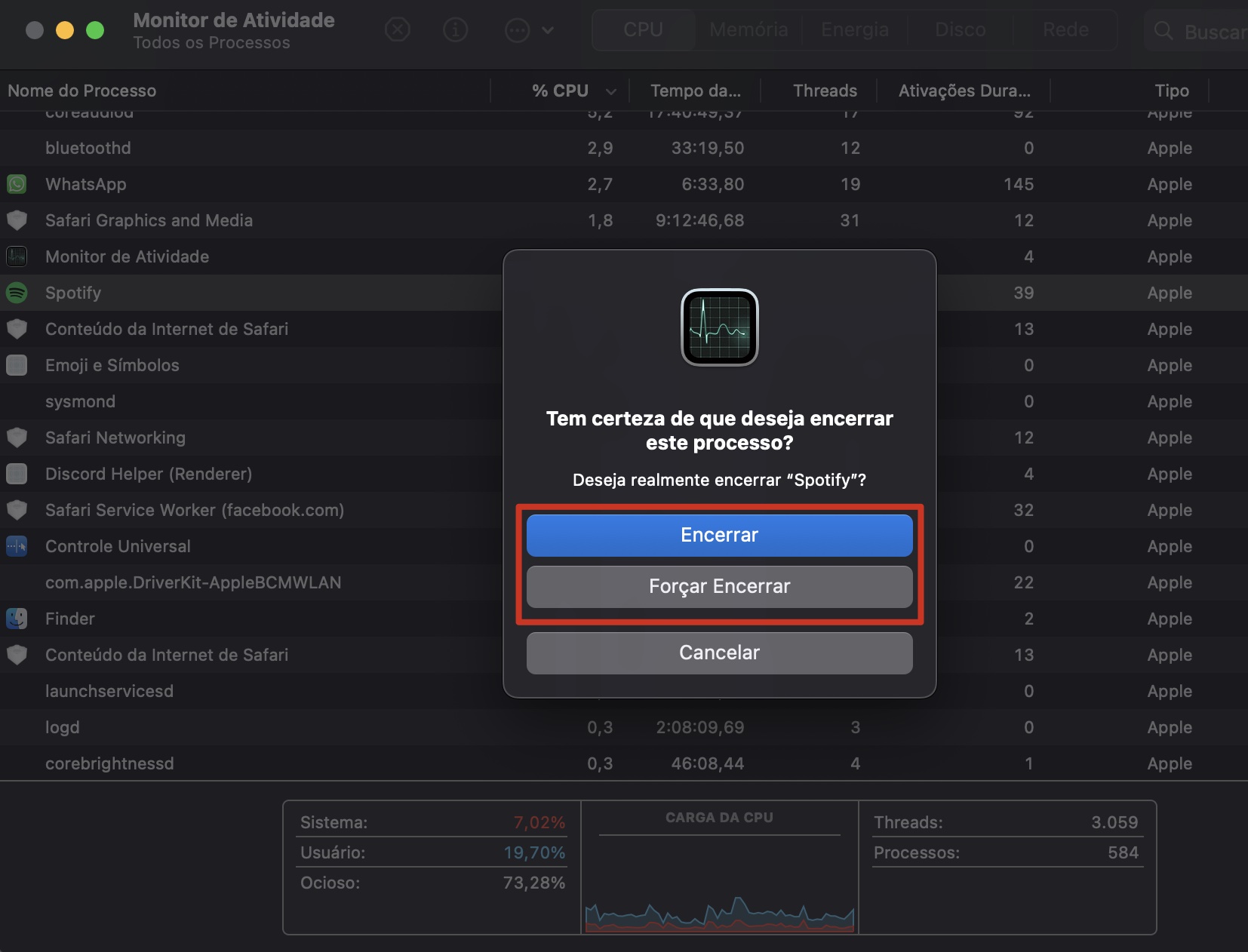 Uma solicitação de confirmação para encerrar um processo ativo no Monitor de Atividade no Mac. Se você verificar a presença de malware no Mac e encontrar um processo suspeito, force o encerramento antes de removê-lo.