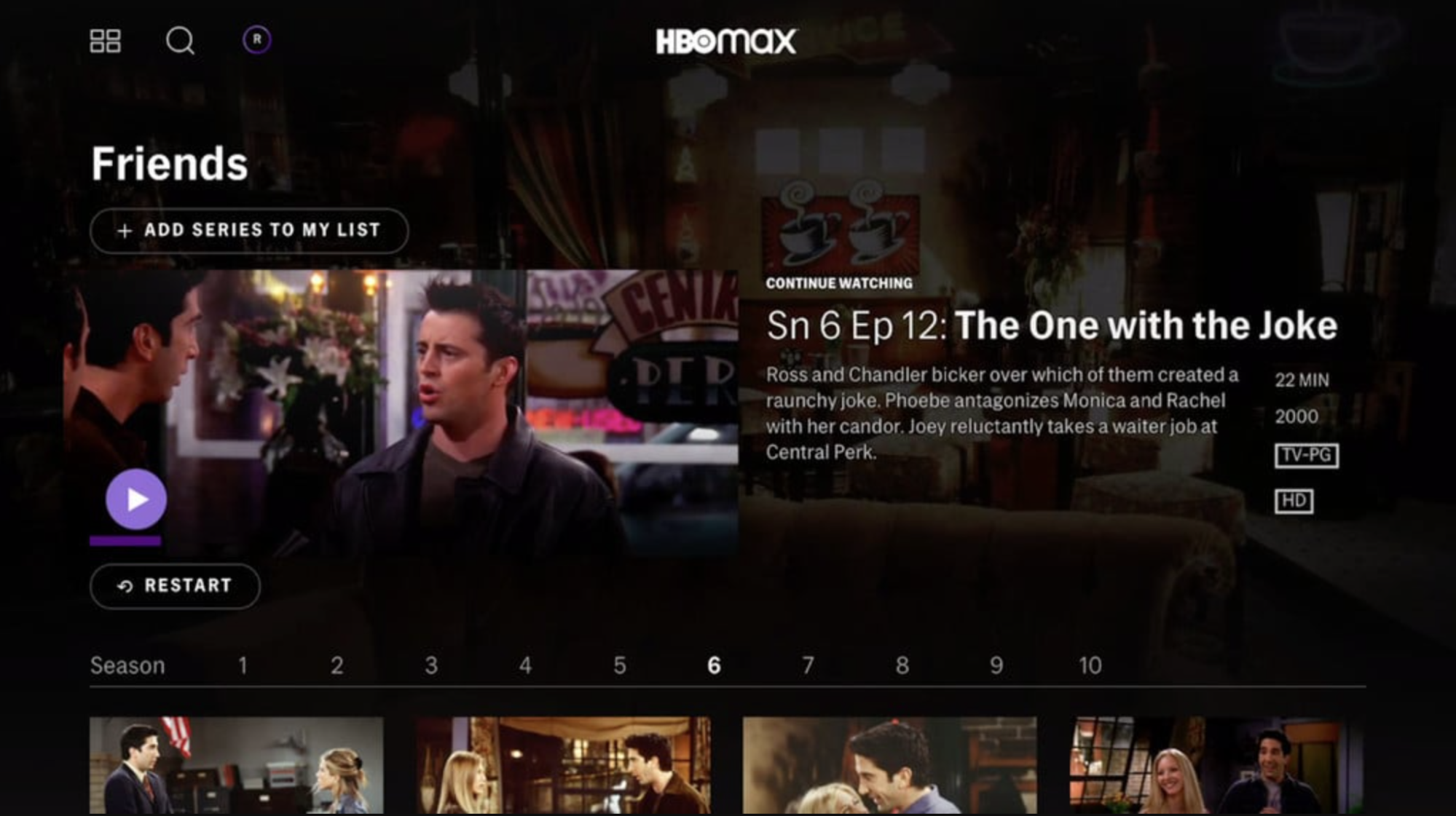 The HBO Max interface on the web. Download movies in HBO Max on iPhone or iPad, then stream them to your Mac over AirPlay.