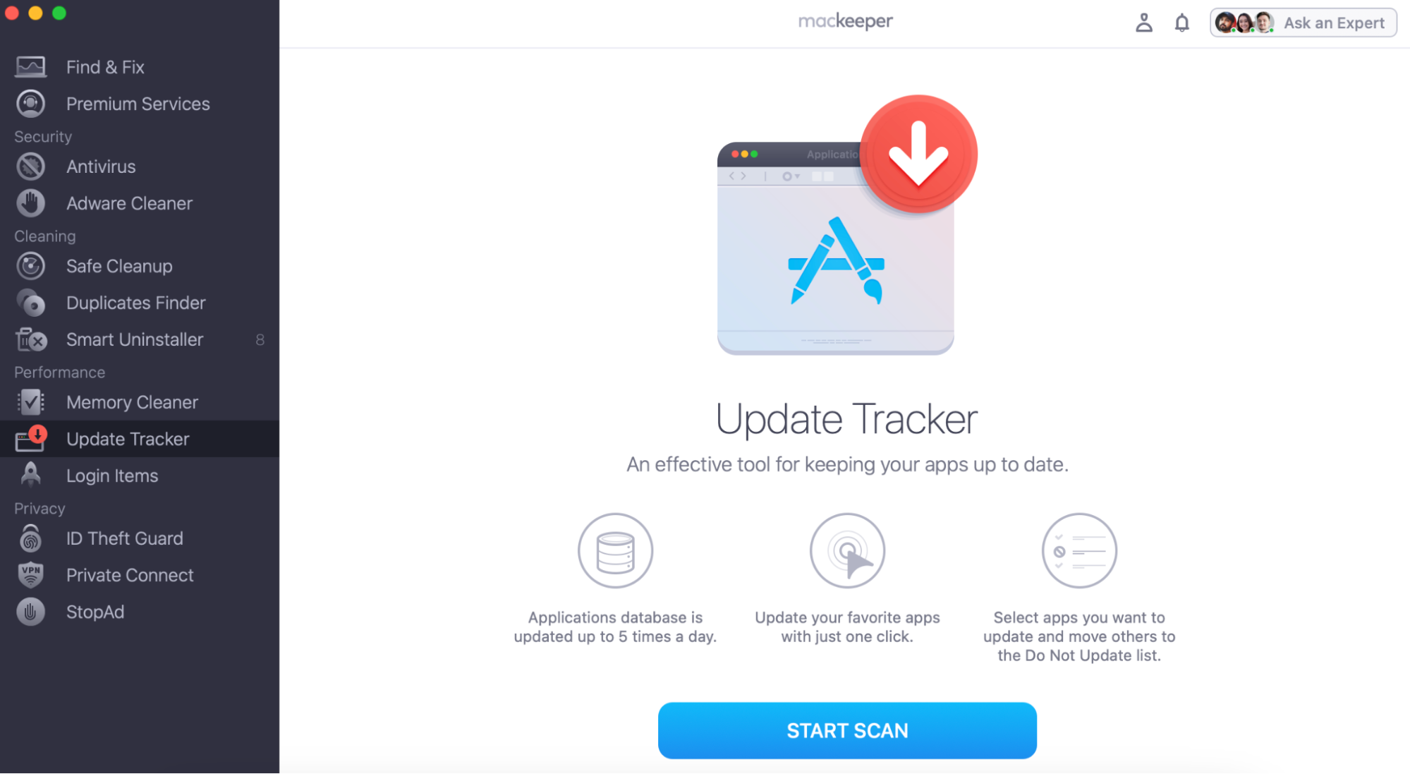 Use MacKeeper's Update Tracker to update the lagging apps and fix the related issues. After downloading, installing and launching the app, open it to find the Update Tracker tool and click on Start Scan.