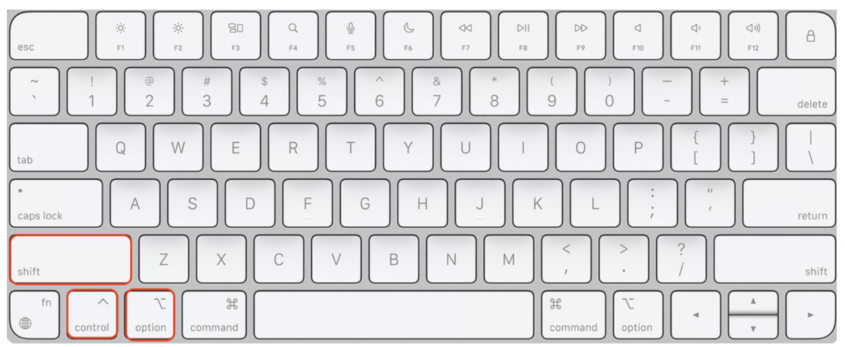 Pour réinitialiser le SMC sur Mac Monterey, identifiez les touches à appuyer sur un MacBook Intel sans une puce Apple T2. Maintenez enfoncées les touches Control + Alt + Shift sur le côté gauche de votre clavier Mac.