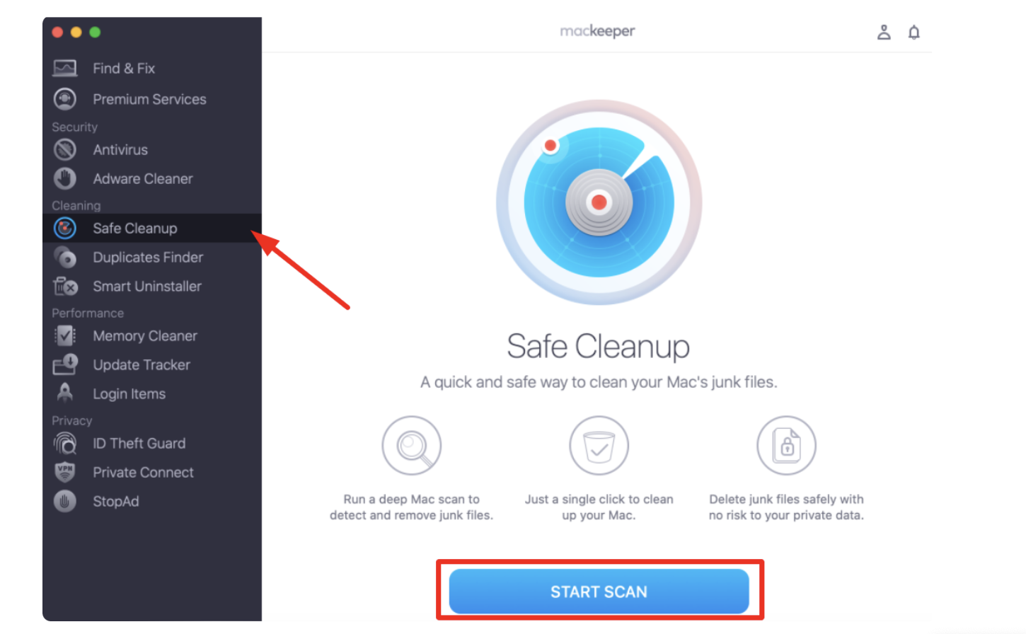 To safely remove files on your Mac, open MacKeeper and go to Safe Cleanup. Here, you can start a scan and look for removable files
