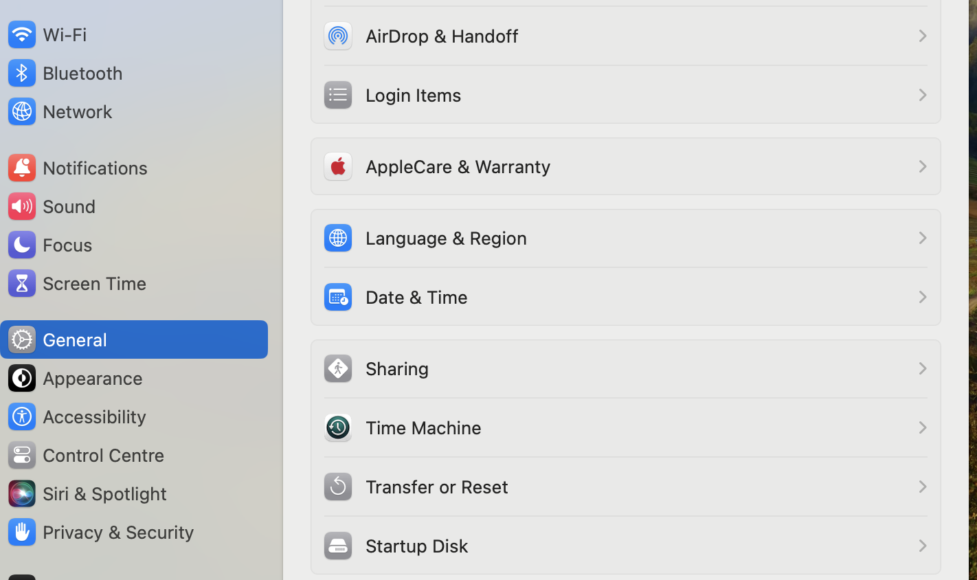To repair corrupted files using Time Machine backup on a Mac, find the Time Machine app first in the General tab of your Apple's System Settings.
