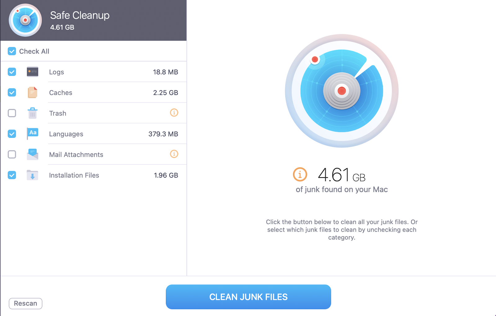 Let MacKeeper scan your device. Once it’s finished, you can look through and tick all the Logs, cache, and digital junk you want to remove. Just press Clean Junk Files and Remove to rid your device of digital debris, hopefully optimizing your Mac and avoiding your Mac going to sleep when you shut the lid.