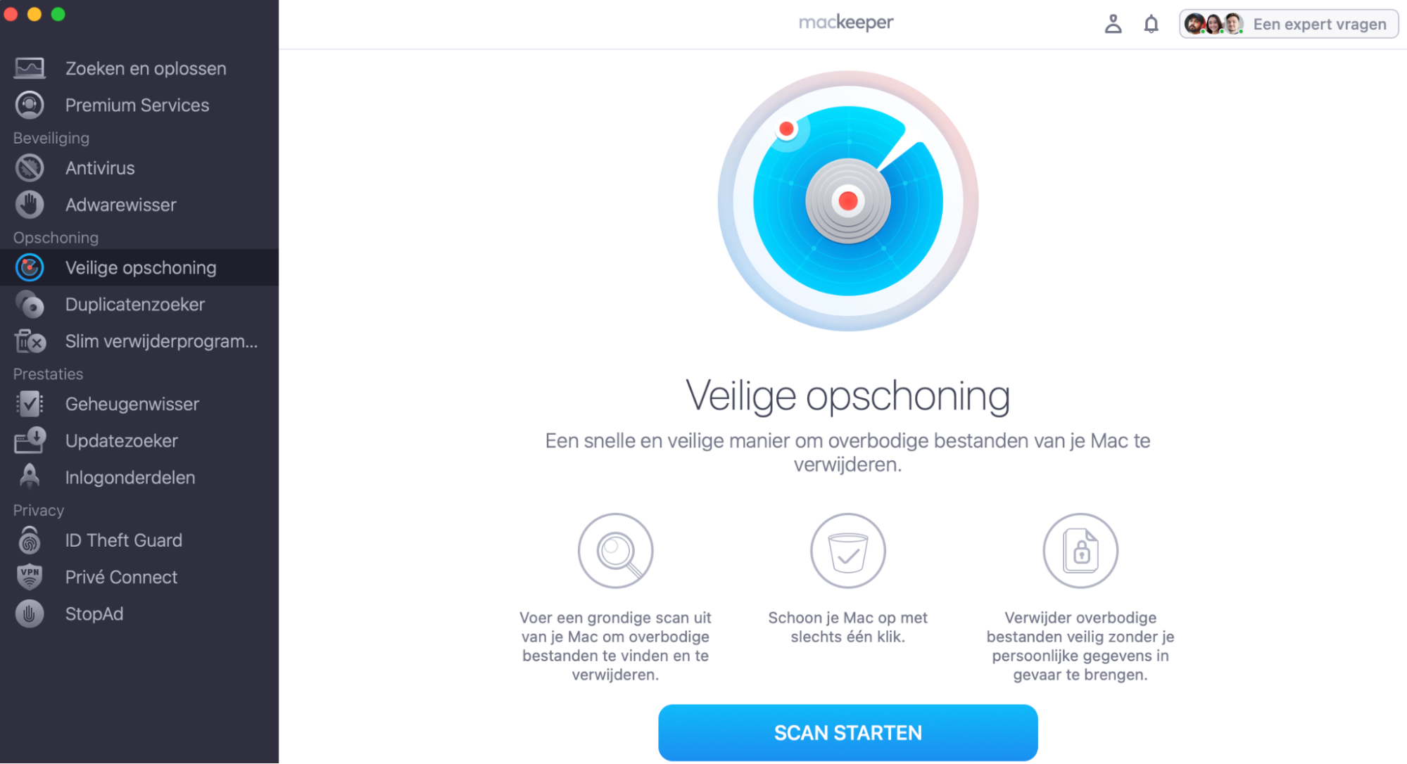De gemarkeerde functie Veilige opschoning in MacKeeper toont hoe je een scan start om cachebestanden te vinden.