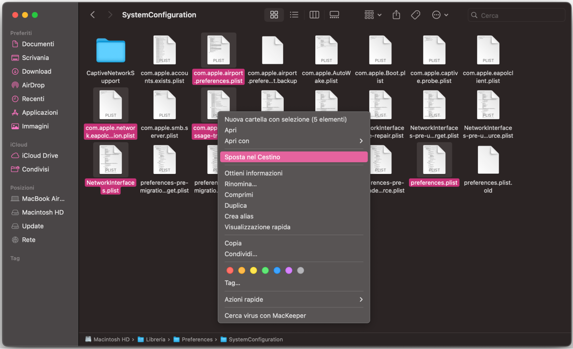 Cerca tra i file di configurazione di sistema del Mac quelli legati al Wi-Fi non necessari. Selezionali e spostali nel Cestino per reimpostare le impostazioni di rete e migliorare connessione e velocità.