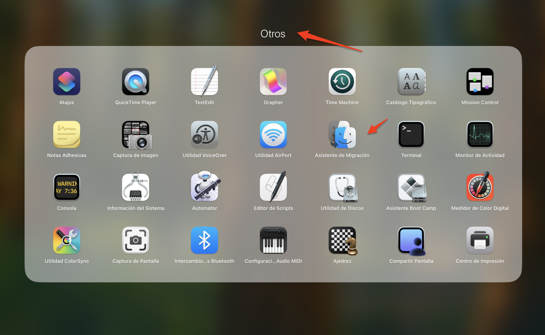 Para utilizar el Asistente de Migración y mover contenido de un ordenador Mac a otro, abre la aplicación en tu nuevo Mac desde la carpeta Otros en Launchpad. Para utilizar el Asistente de Migración y mover contenido de un ordenador Mac a otro, abre la aplicación en tu nuevo Mac desde la carpeta Otros en Launchpad.