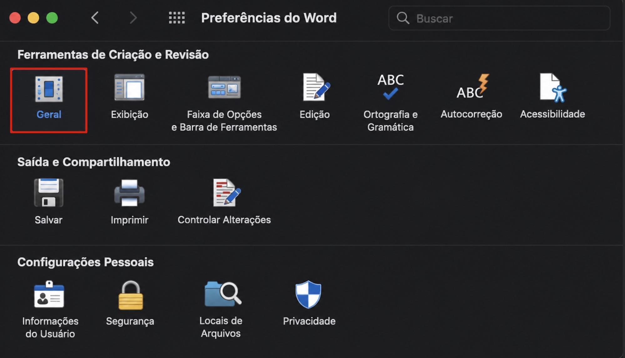 Abra o painel de Preferências do Word. Em seguida, selecione 'Geral', em 'Ferramentas de Criação e Revisão'.