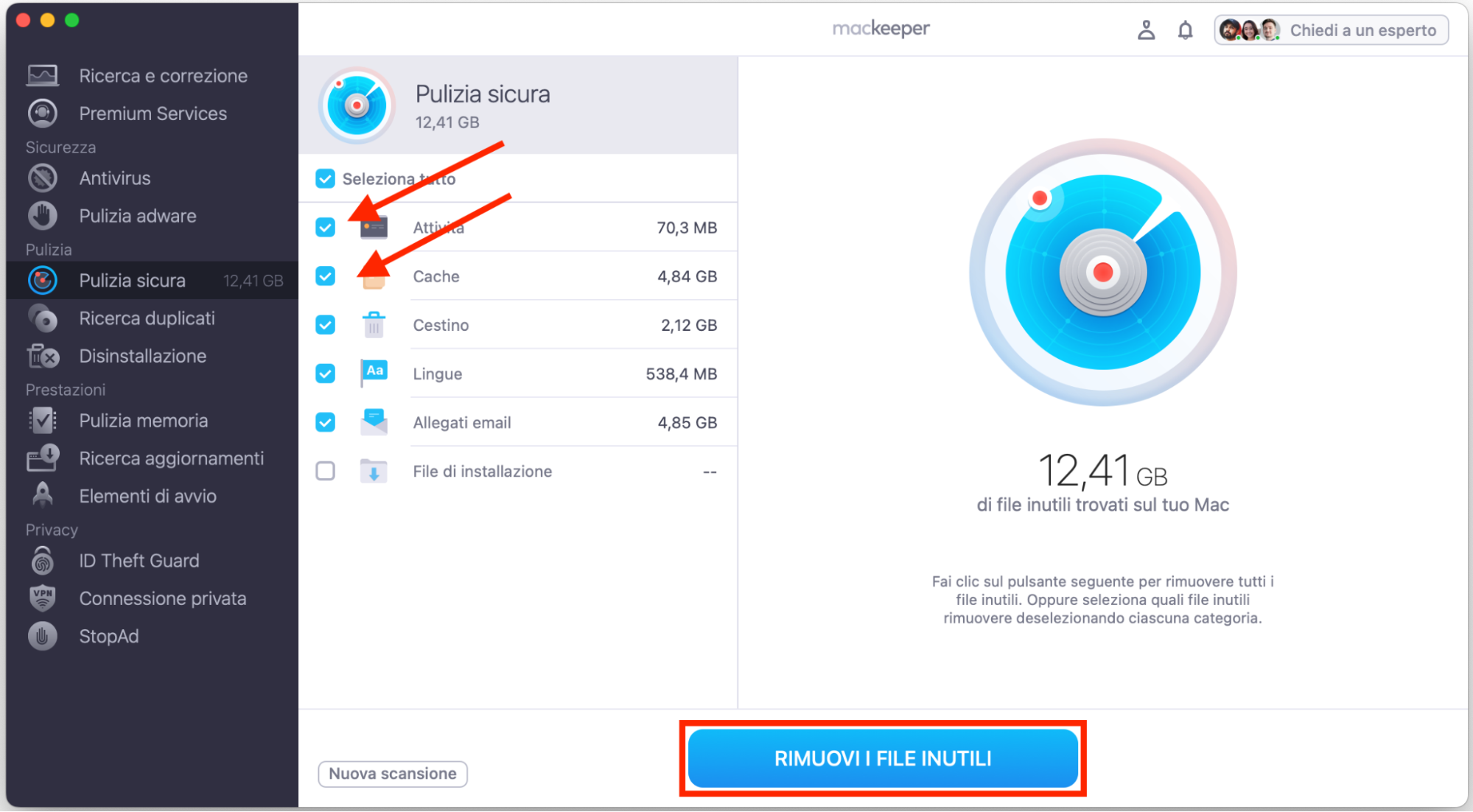 MacKeeper su Mac mostra lo strumento Pulizia Sicura. Dopo aver selezionato Log e Cache, fai clic su Rimuovi i file inutili per rimuoverli dal sistema.